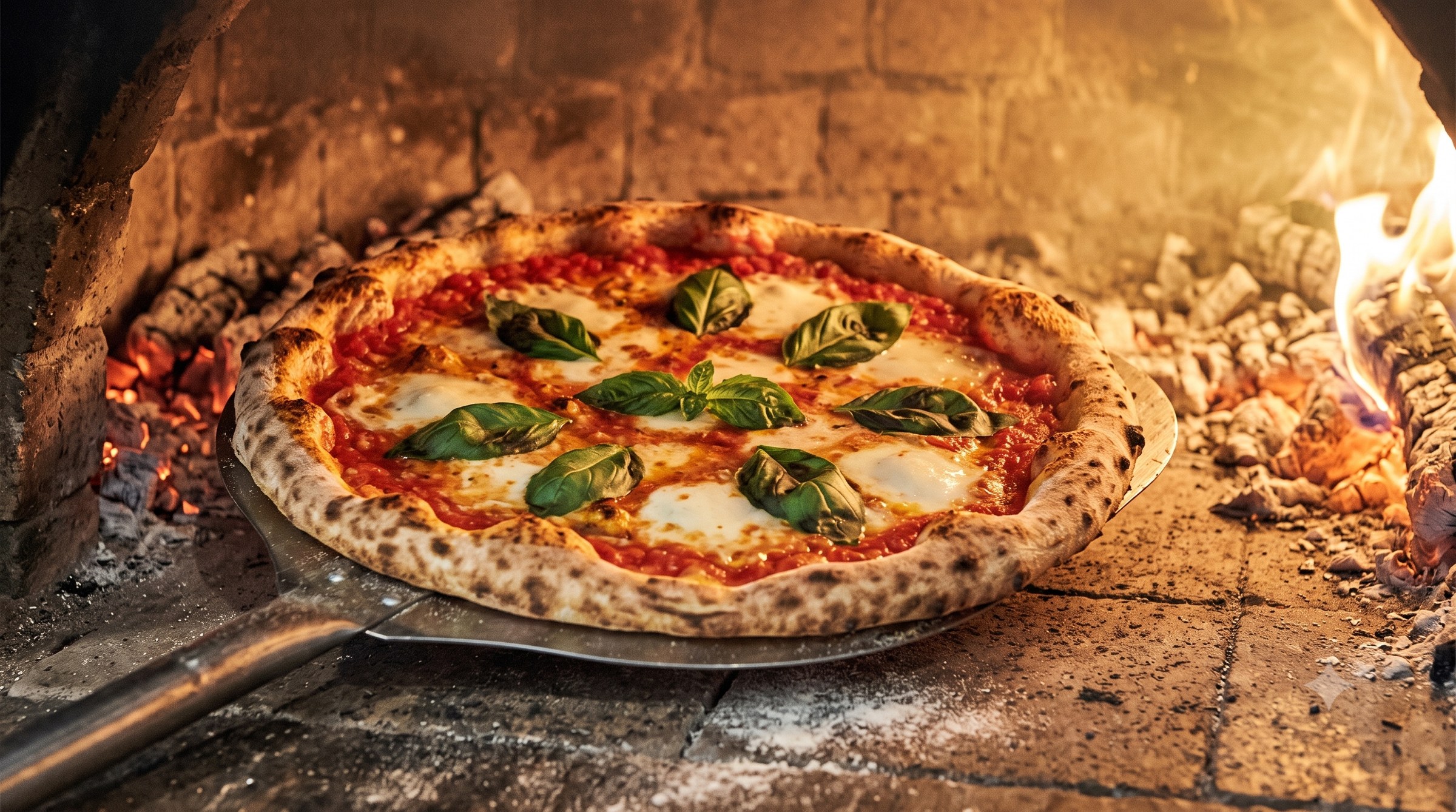 Frische Margherita-Pizza auf dem Pizzaschieber, frisch aus dem Ofen