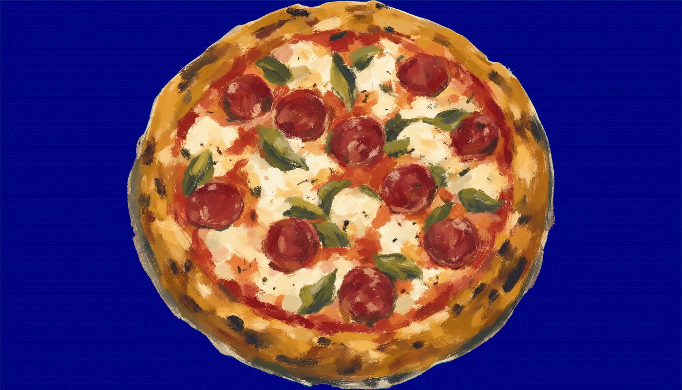 Gemalte Darstellung einer Pizza mit Salami, Mozzarella und Basilikum von oben